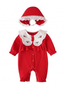 Festive Red Kawaii Fashion Baby Full Moon Ruffled Doll Collar Flower Embroidery Long Sleeves Hat Baby Romper