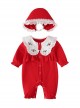 Festive Red Kawaii Fashion Baby Full Moon Ruffled Doll Collar Flower Embroidery Long Sleeves Hat Baby Romper