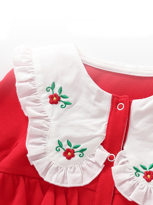 Festive Red Kawaii Fashion Baby Full Moon Ruffled Doll Collar Flower Embroidery Long Sleeves Hat Baby Romper