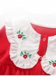 Festive Red Kawaii Fashion Baby Full Moon Ruffled Doll Collar Flower Embroidery Long Sleeves Hat Baby Romper