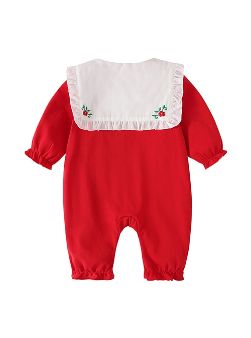 Festive Red Kawaii Fashion Baby Full Moon Ruffled Doll Collar Flower Embroidery Long Sleeves Hat Baby Romper