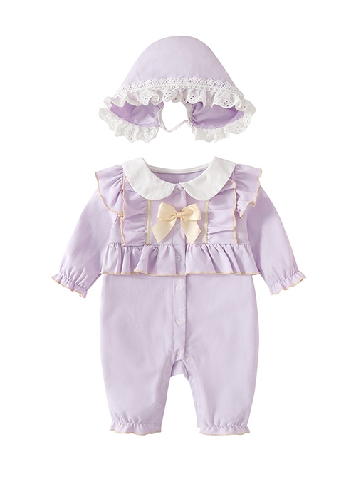 Kawaii Fashion Cream Purple Spliced Lace Doll Collar Princess Style Long Sleeves Baby Hat Baby Romper