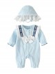 Princess Style Cream Blue Spliced Bowknot Decorative Square Collar Lace Long Sleeves Kawaii Fashion Baby Hat Baby Romper