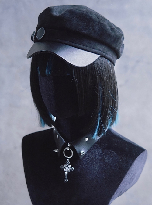 Black Woolen Handmade Leather Buckle Ouji Fashion Military Style Versatile Handsome Newsboy Hat