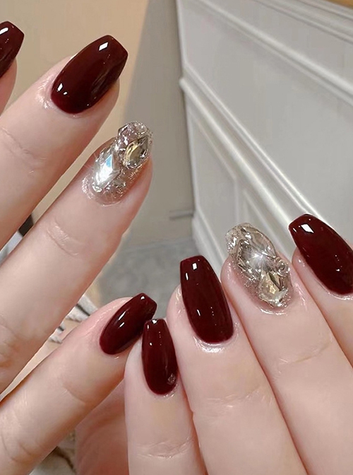 Burgundy Golden Sparkling Luster Glitter Diamond Manicure Versatile Sweet Retro Nail