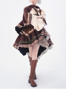 Hunter Series Pirate Style Steampunk PU Belt Apricot Splicing Brown Drawstring Straps Dress OP Hooded Cloak Set