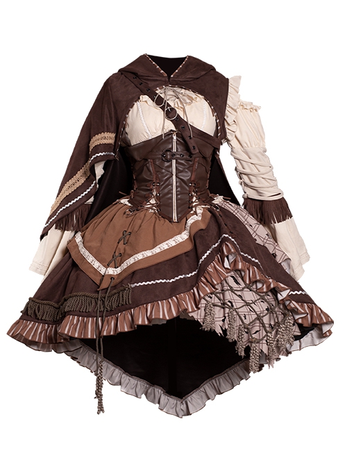 Hunter Series Pirate Style Steampunk PU Belt Apricot Splicing Brown Drawstring Straps Dress OP Hooded Cloak Set