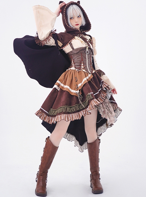 Hunter Series Pirate Style Steampunk PU Belt Apricot Splicing Brown Drawstring Straps Dress OP Hooded Cloak Set