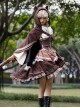 Hunter Series Pirate Style Steampunk PU Belt Apricot Splicing Brown Drawstring Straps Dress OP Hooded Cloak Set