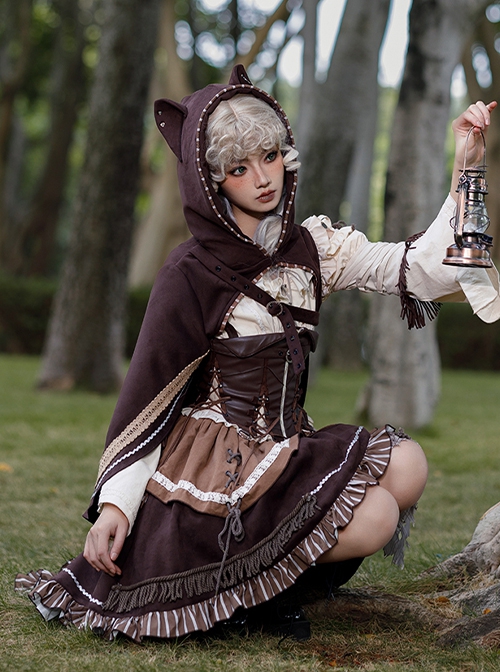 Hunter Series Pirate Style Steampunk PU Belt Apricot Splicing Brown Drawstring Straps Dress OP Hooded Cloak Set