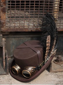 Steampunk Adventure Brown Coffee Retro Feather Goggles Alloy Gear Decoration Woolen Flat Top Hat