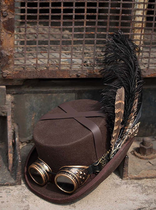 Steampunk Adventure Brown Coffee Retro Feather Goggles Alloy Gear Decoration Woolen Flat Top Hat