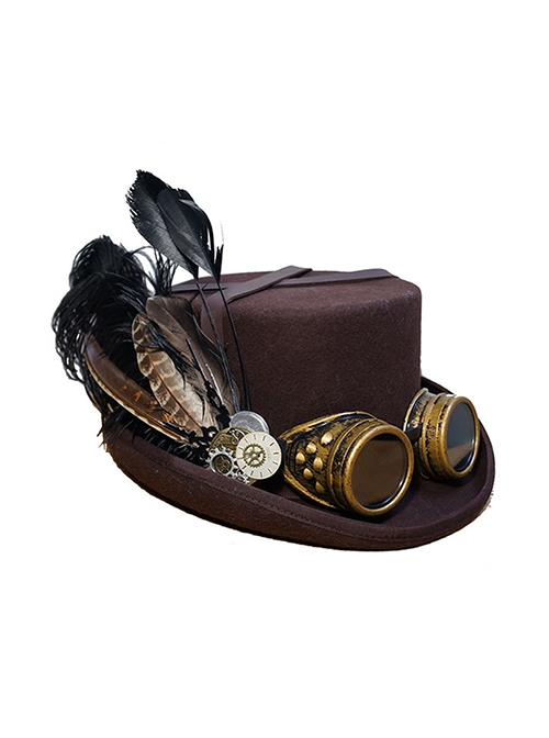 Steampunk Adventure Brown Coffee Retro Feather Goggles Alloy Gear Decoration Woolen Flat Top Hat