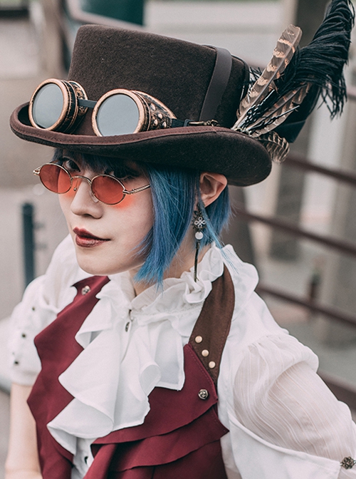 Steampunk Adventure Brown Coffee Retro Feather Goggles Alloy Gear Decoration Woolen Flat Top Hat