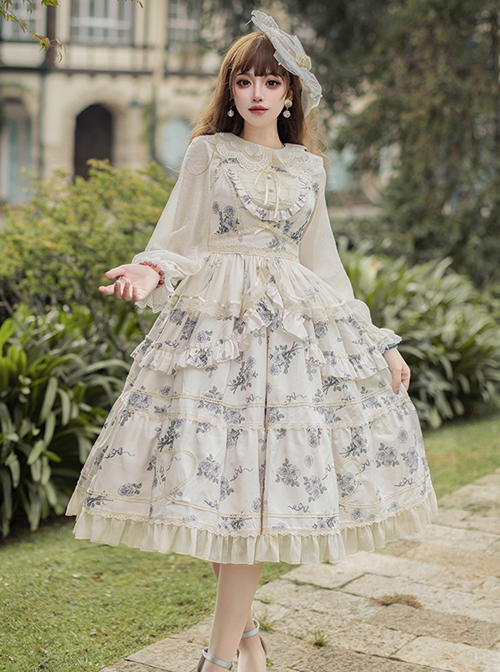 Psalm Rose Series Elegant Wisteria Flower Ruffled Lace Pastoral Style Classic Lolita Sleeveless Dress JSK