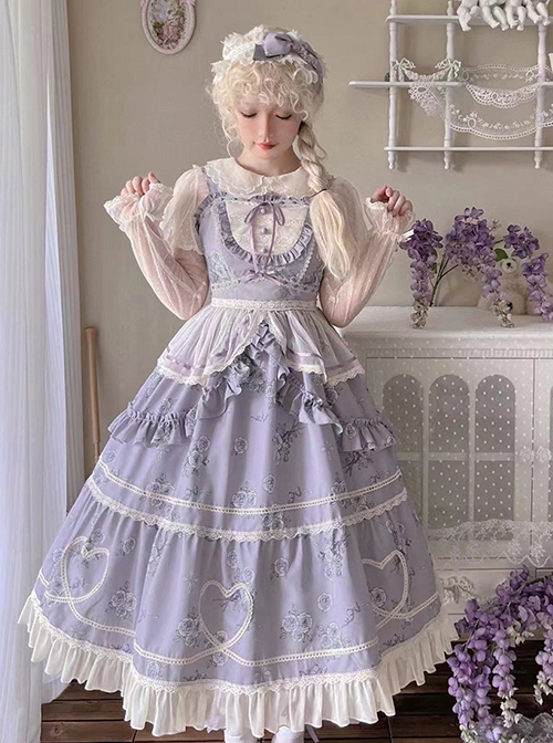 Psalm Rose Series Elegant Wisteria Flower Ruffled Lace Pastoral Style Classic Lolita Sleeveless Dress JSK