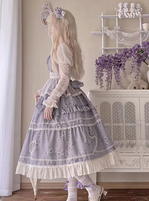 Psalm Rose Series Elegant Wisteria Flower Ruffled Lace Pastoral Style Classic Lolita Sleeveless Dress JSK