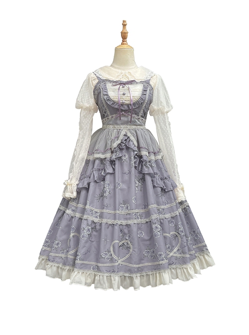 Psalm Rose Series Elegant Wisteria Flower Ruffled Lace Pastoral Style Classic Lolita Sleeveless Dress JSK