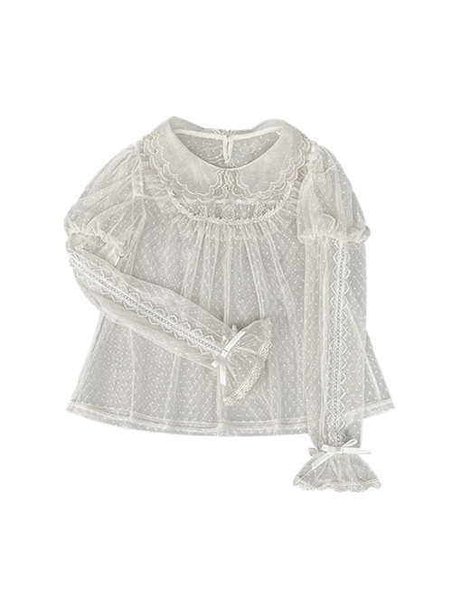 Gypsophila Series Light Colored Lace Mesh Skin Friendly Baby Doll Collar Cute Ruffles Versatile Daily Long Sleeves Shirt