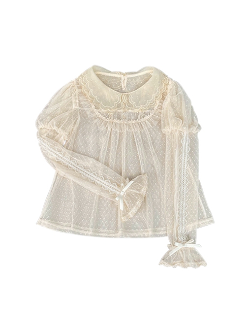 Gypsophila Series Light Colored Lace Mesh Skin Friendly Baby Doll Collar Cute Ruffles Versatile Daily Long Sleeves Shirt