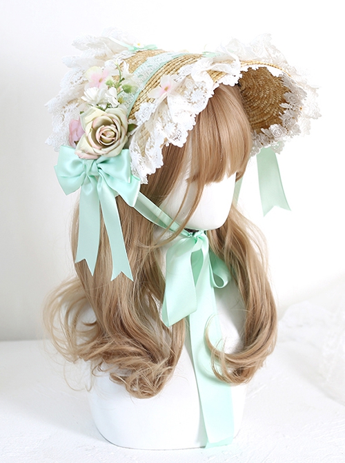 Bavaria Bonnet Pastoral Style Flower Bowknot Classic Lolita Elegant Lace Straw Weaving Flat Hat Bnt