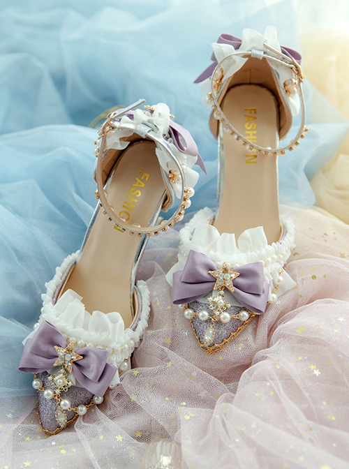 Tea Party Bride Flower Marriage  Classic Lolita Exquisite Pearl Lace Trim Elegant Pointed Toe High Heels Shoes