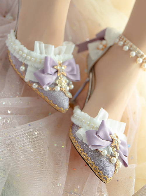 Tea Party Bride Flower Marriage  Classic Lolita Exquisite Pearl Lace Trim Elegant Pointed Toe High Heels Shoes