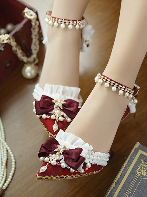 Tea Party Bride Flower Marriage  Classic Lolita Exquisite Pearl Lace Trim Elegant Pointed Toe High Heels Shoes