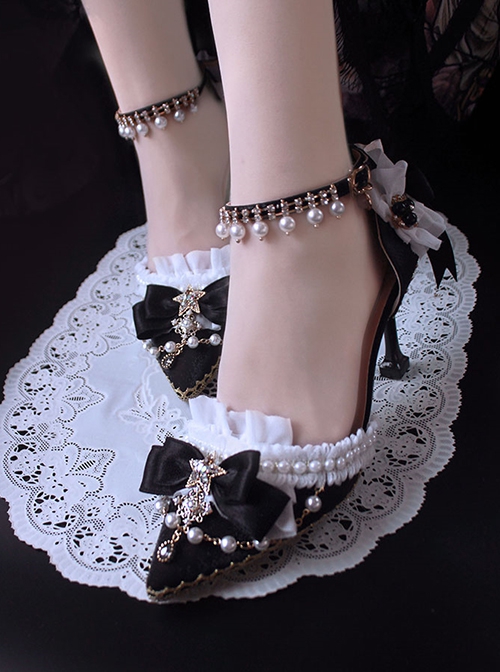 Tea Party Bride Flower Marriage  Classic Lolita Exquisite Pearl Lace Trim Elegant Pointed Toe High Heels Shoes