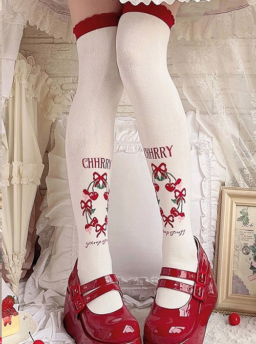 Cherry Red Spring Girl Retro English Alphabet Bowknot White Fairy Tale Style Sweet Lolita Over Knee Socks