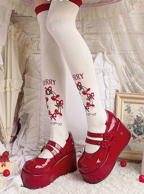 Cherry Red Spring Girl Retro English Alphabet Bowknot White Fairy Tale Style Sweet Lolita Over Knee Socks