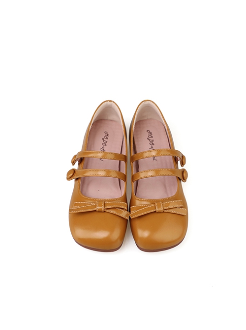 Soft Bottom Low Heel PU Double Row Round Buttons Sweet Lolita Square Round Head Cute Egg Roll Shoes