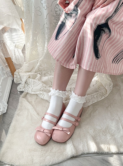 Soft Bottom Low Heel PU Double Row Round Buttons Sweet Lolita Square Round Head Cute Egg Roll Shoes