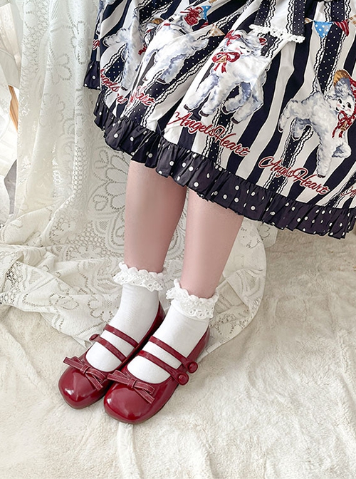 Soft Bottom Low Heel PU Double Row Round Buttons Sweet Lolita Square Round Head Cute Egg Roll Shoes