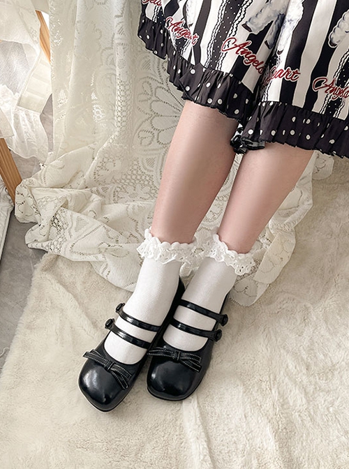 Soft Bottom Low Heel PU Double Row Round Buttons Sweet Lolita Square Round Head Cute Egg Roll Shoes