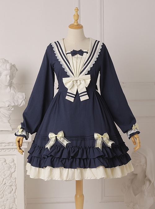 Rhine River Navy Style Petal Trim Navy Collar Ruffled Bowknot Blue School Lolita Lantern Sleeves Dress OP