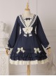 Rhine River Navy Style Petal Trim Navy Collar Ruffled Bowknot Blue School Lolita Lantern Sleeves Dress OP