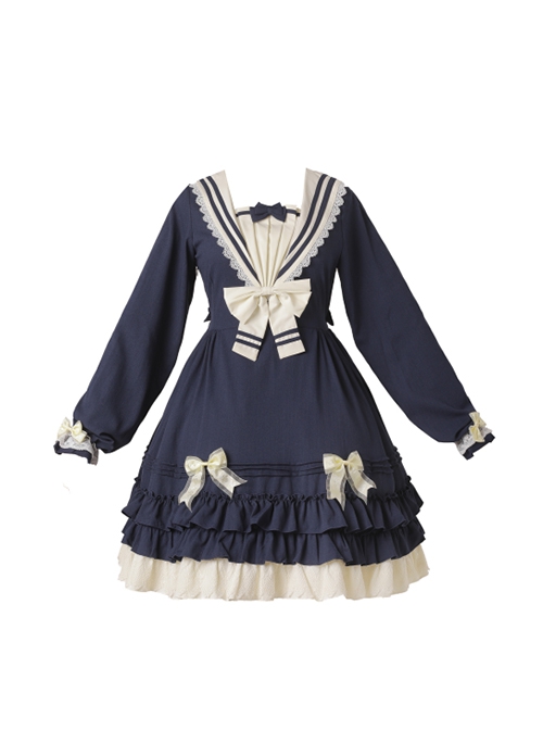 Rhine River Navy Style Petal Trim Navy Collar Ruffled Bowknot Blue School Lolita Lantern Sleeves Dress OP