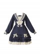 Rhine River Navy Style Petal Trim Navy Collar Ruffled Bowknot Blue School Lolita Lantern Sleeves Dress OP