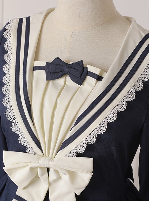 Rhine River Navy Style Petal Trim Navy Collar Ruffled Bowknot Blue School Lolita Lantern Sleeves Dress OP