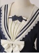 Rhine River Navy Style Petal Trim Navy Collar Ruffled Bowknot Blue School Lolita Lantern Sleeves Dress OP