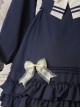 Rhine River Navy Style Petal Trim Navy Collar Ruffled Bowknot Blue School Lolita Lantern Sleeves Dress OP