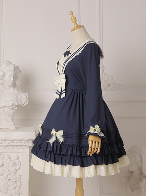 Rhine River Navy Style Petal Trim Navy Collar Ruffled Bowknot Blue School Lolita Lantern Sleeves Dress OP