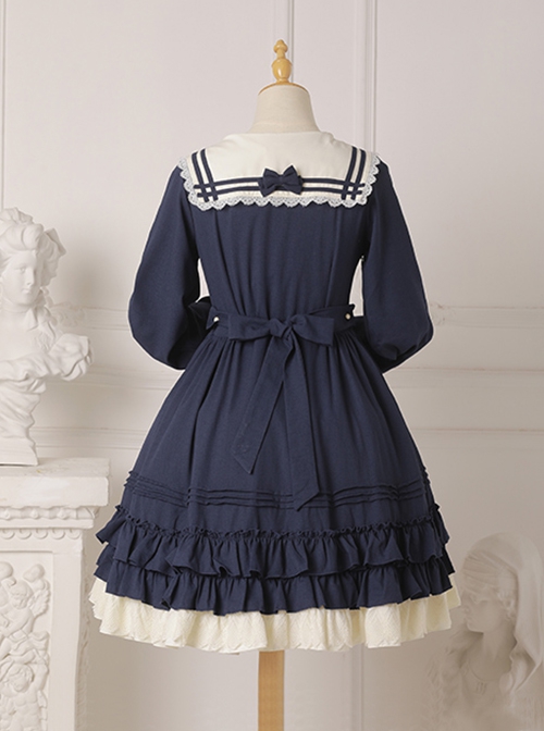 Rhine River Navy Style Petal Trim Navy Collar Ruffled Bowknot Blue School Lolita Lantern Sleeves Dress OP