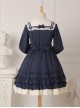 Rhine River Navy Style Petal Trim Navy Collar Ruffled Bowknot Blue School Lolita Lantern Sleeves Dress OP