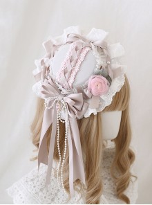 Four Seasons Flower Series Light Pink Rose Pearl Chain Bowknot Wide Ruffles Flower Wedding Classic Lolita Hairpin Hat