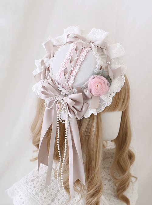 Four Seasons Flower Series Light Pink Rose Pearl Chain Bowknot Wide Ruffles Flower Wedding Classic Lolita Hairpin Hat