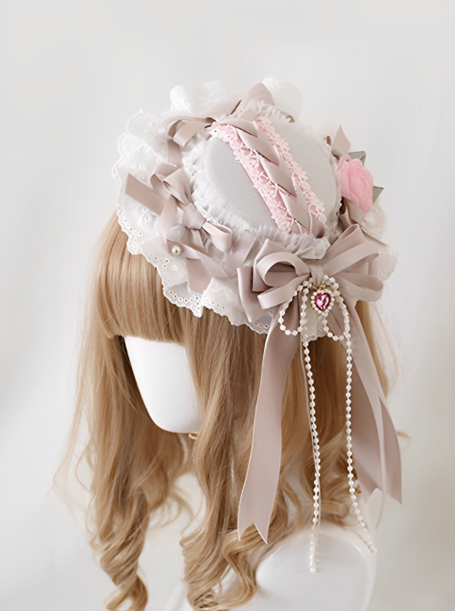 Four Seasons Flower Series Light Pink Rose Pearl Chain Bowknot Wide Ruffles Flower Wedding Classic Lolita Hairpin Hat