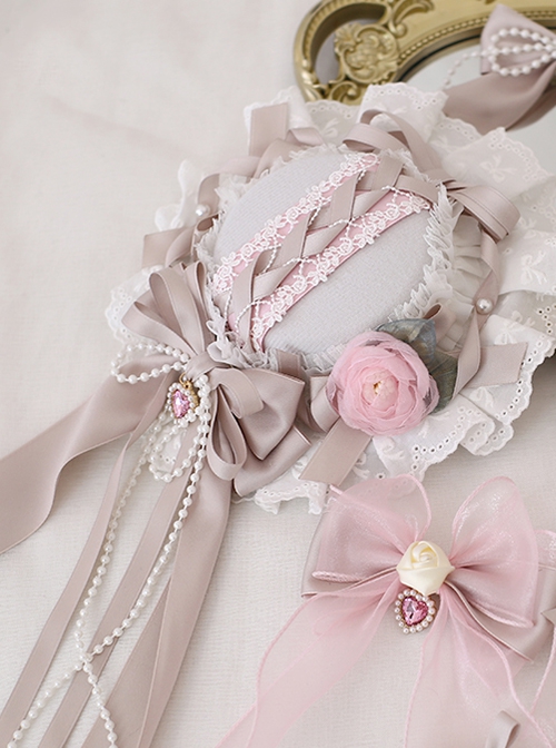 Four Seasons Flower Series Light Pink Rose Pearl Chain Bowknot Wide Ruffles Flower Wedding Classic Lolita Hairpin Hat