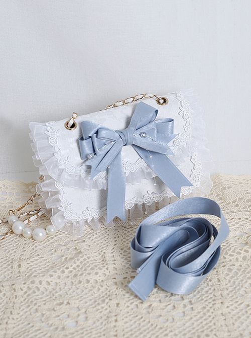 Fairy Style Handmade Doll Sense White Lace Satin Bowknot Sweet Lolita Pearl Chain Shoulder Handbag